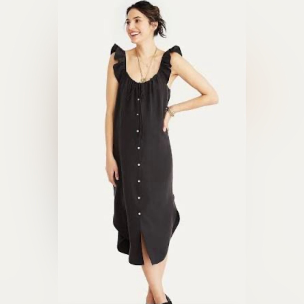 Hatch Black Midi Button-Front Ruffled Strap Dress